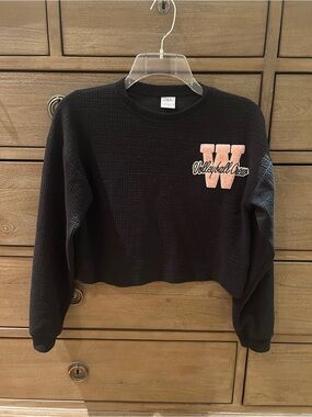 Zara Girls Black Cropped Waffle Sweatshirt with Volleyball Patch - Sz 11-12 Year